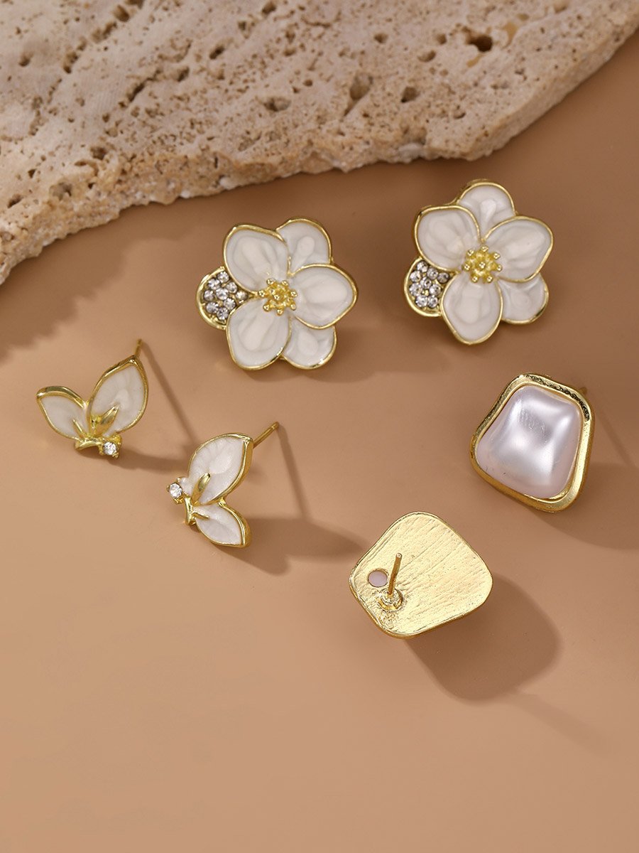 Set of 3 - Faux Pearl Flower Earrings