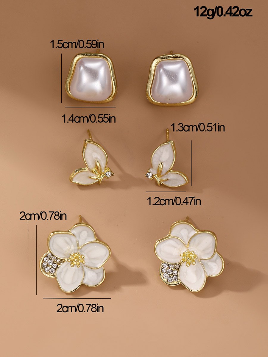 Set of 3 - Faux Pearl Flower Earrings
