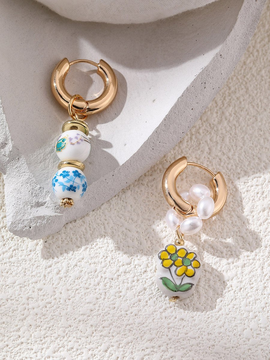 Porcelain Floral Pearl Drop Earrings