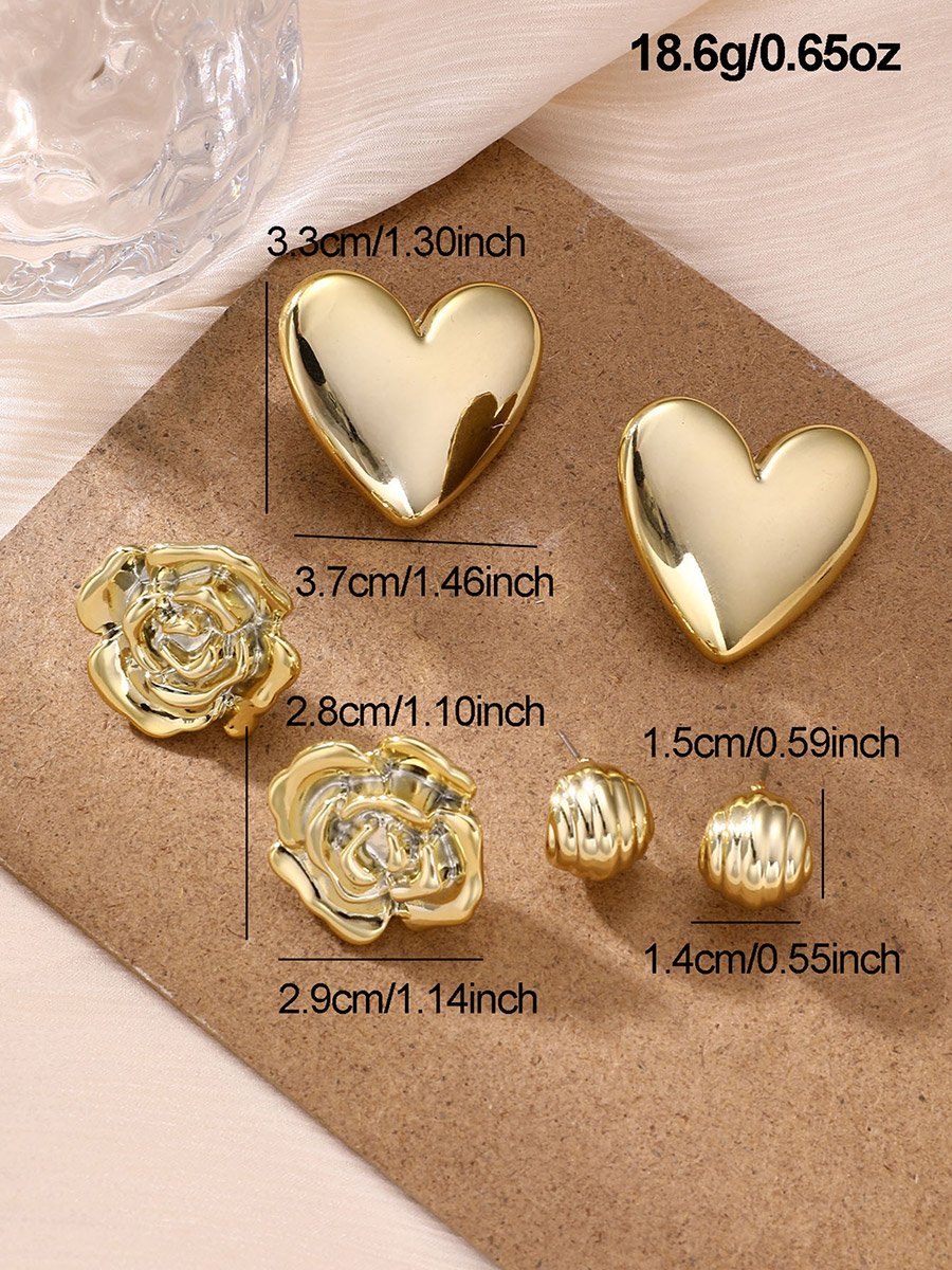 Set of 3 - Gold Flower Heart Earrings