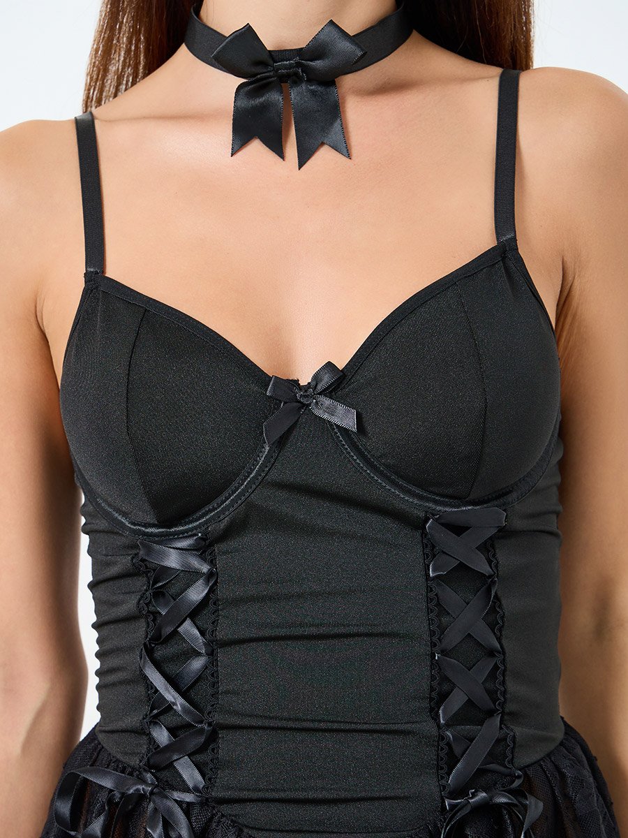 Tie-Up Lace Trim Wired Corset Top, Brief, Stockings and Bow Necklace Set