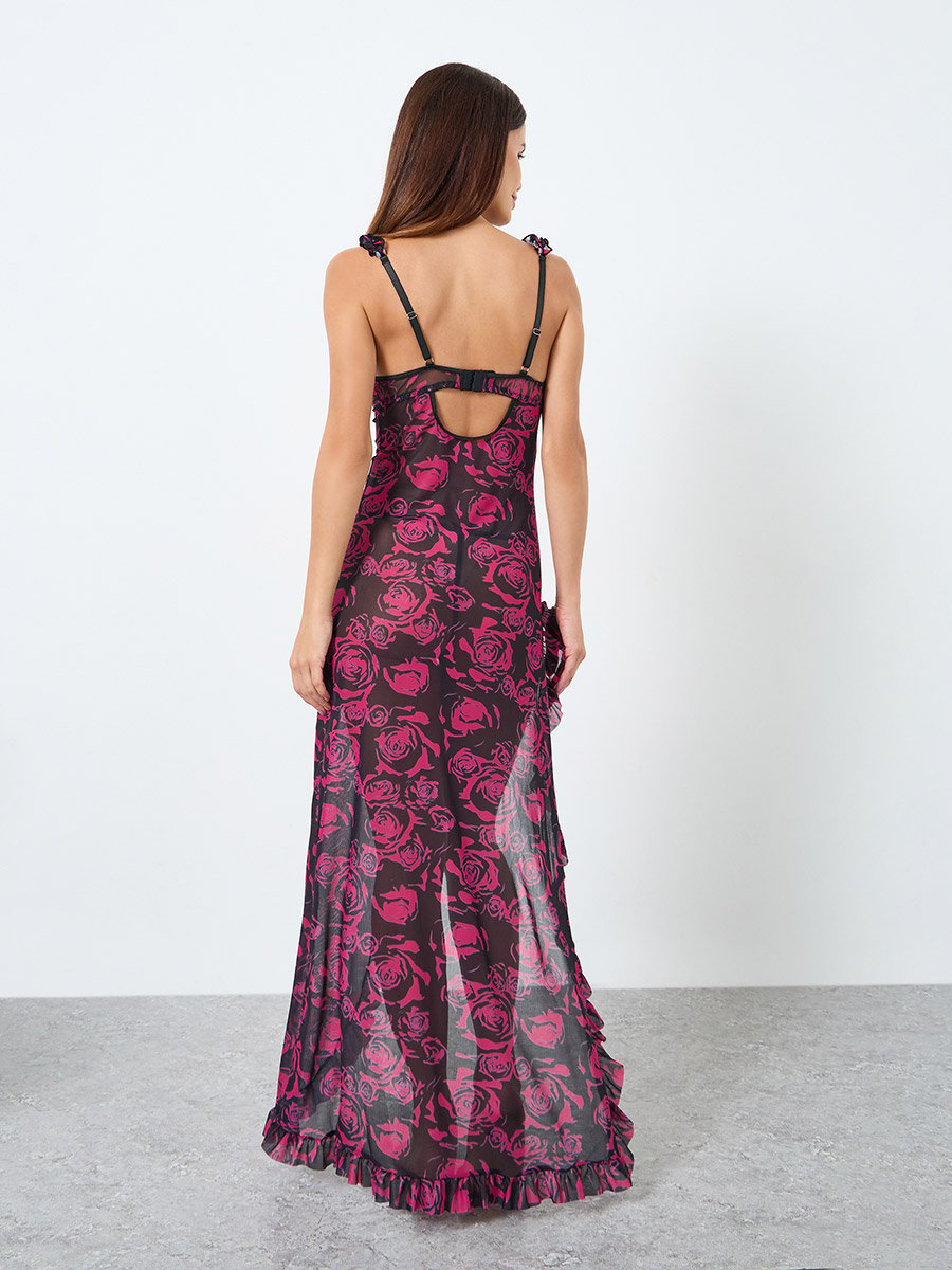 Floral Print Ruffle Split Hem Detail Mesh Slip with Brief