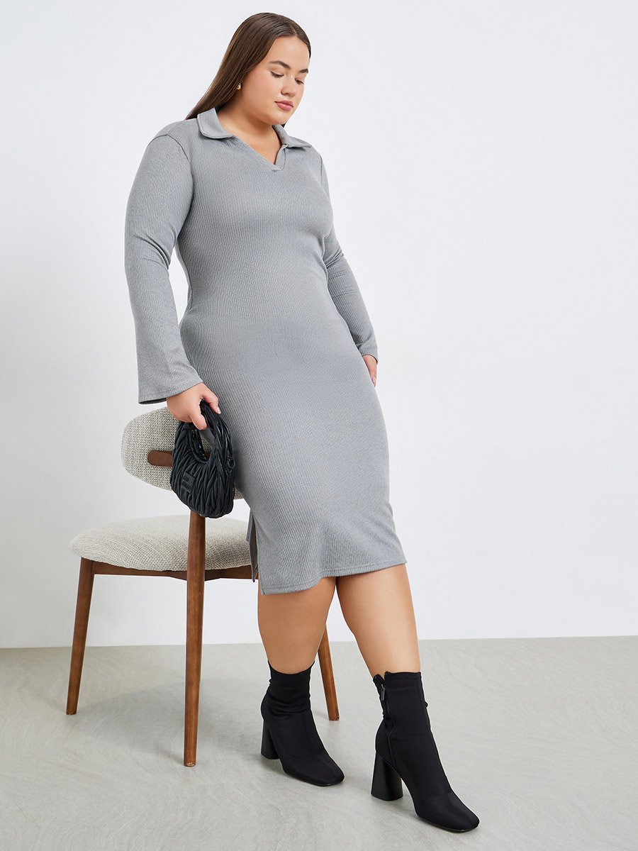 Plus Size Grey Polo Midi Sheath Dress
