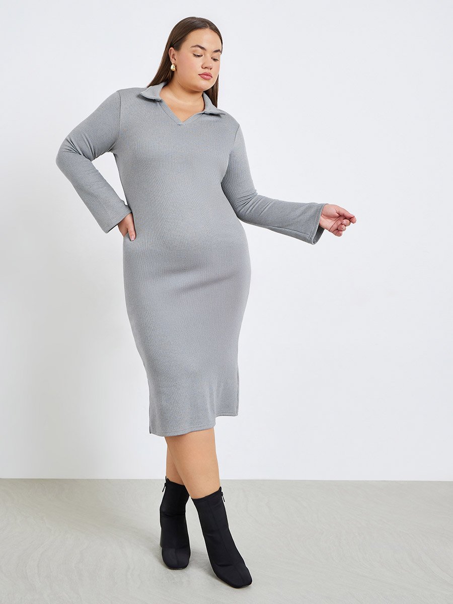 Plus Size Grey Polo Midi Sheath Dress For Women at UAE | Styli