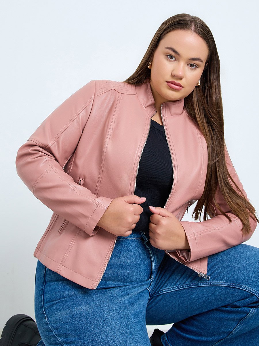 Plus Size Pink Faux Leather Zip-Up Jacket
