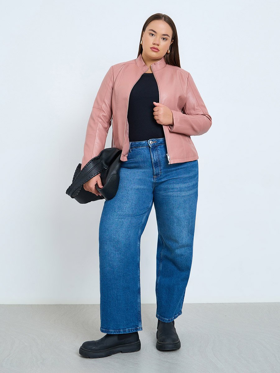 Plus Size Pink Faux Leather Zip-Up Jacket