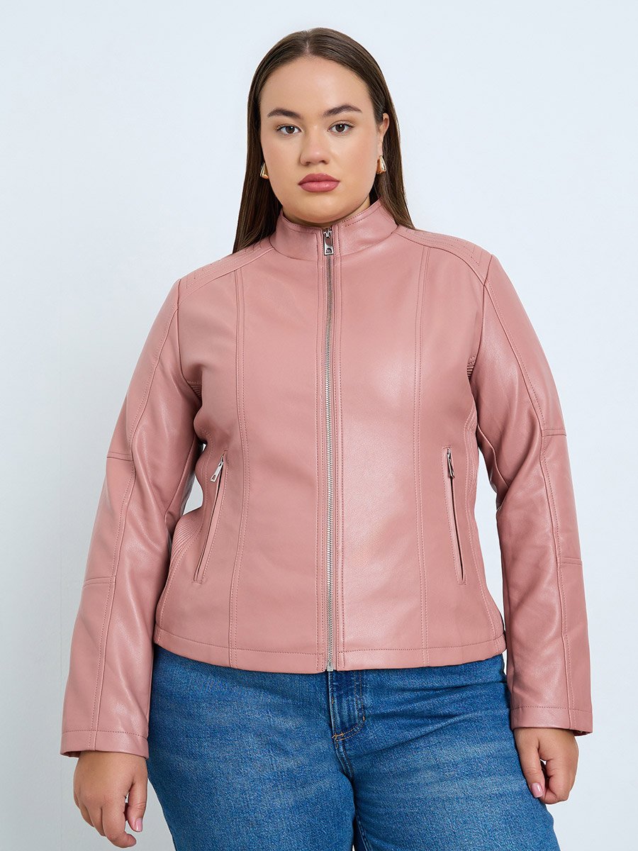 Plus Size Pink Faux Leather Zip-Up Jacket
