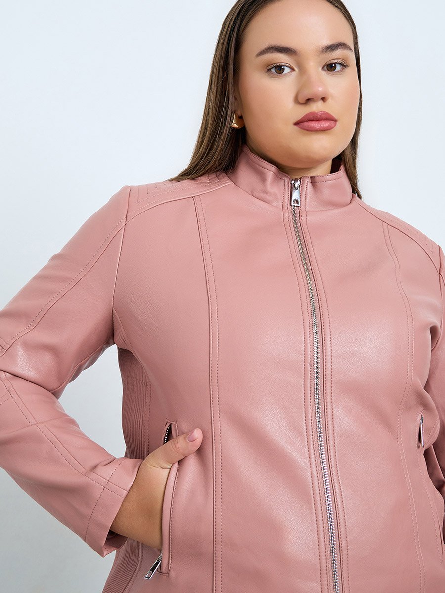 Plus Size Pink Faux Leather Zip-Up Jacket