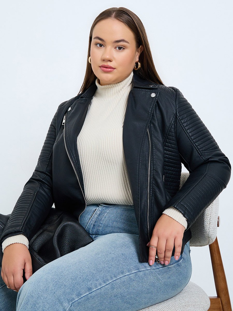 Plus Size Black Faux Leather Biker Jacket