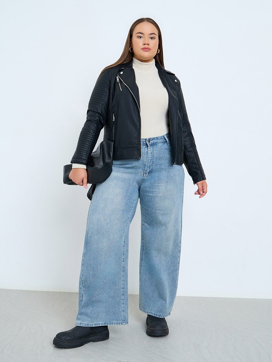 Plus Size Black Faux Leather Biker Jacket