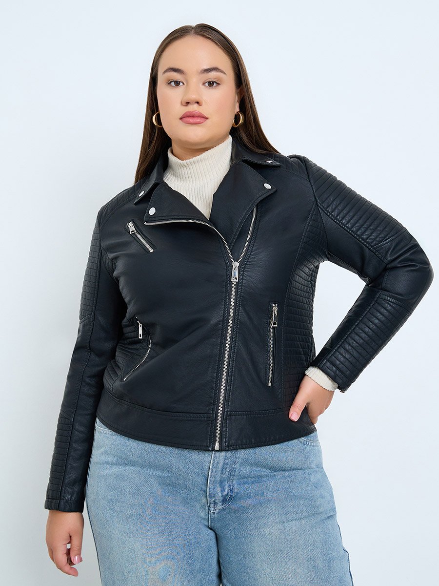 Plus Size Black Faux Leather Biker Jacket