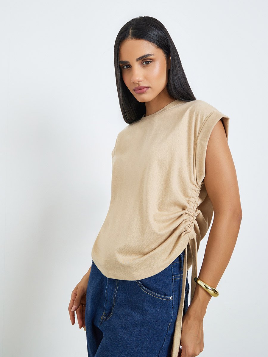 Beige Ruched Side Tie T-Shirt