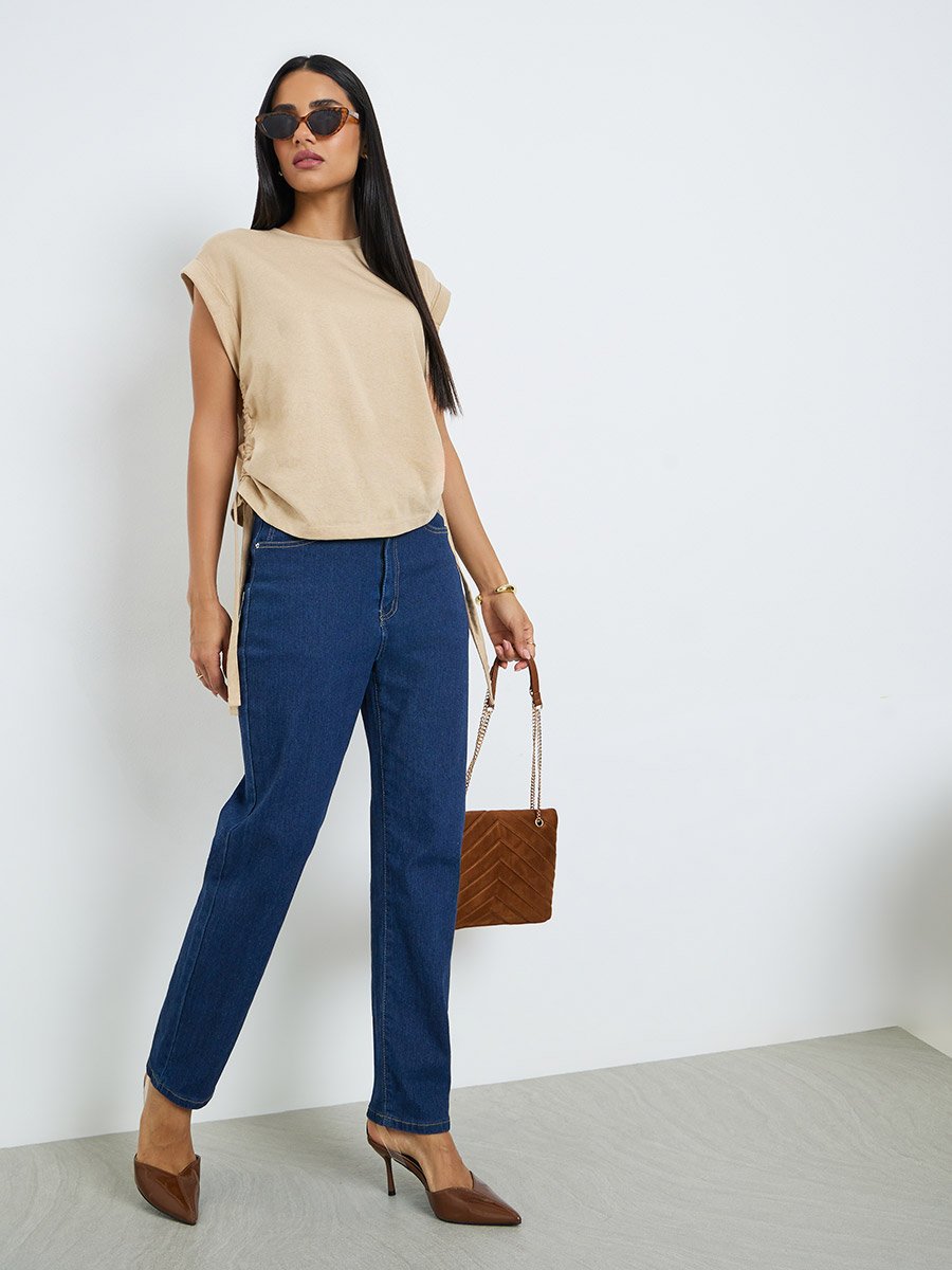 Beige Ruched Side Tie T-Shirt