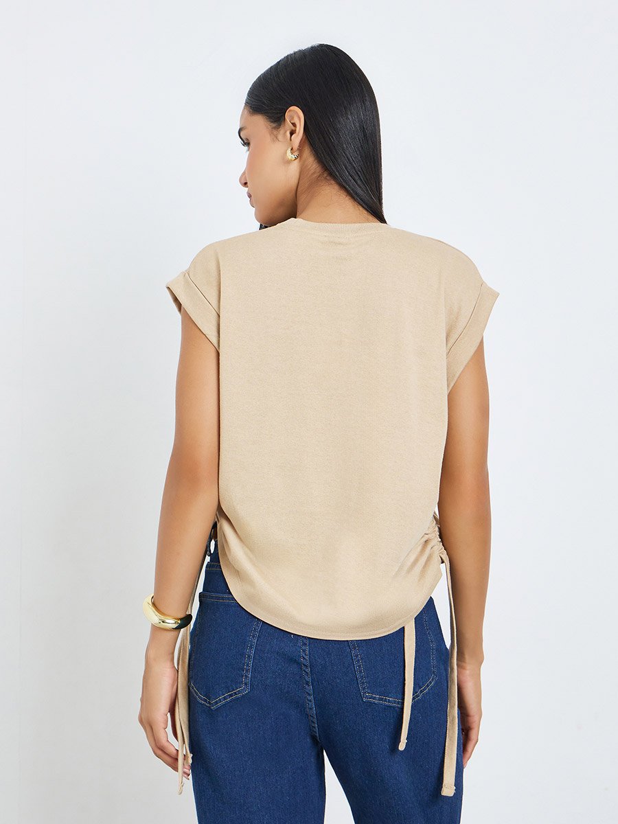 Beige Ruched Side Tie T-Shirt