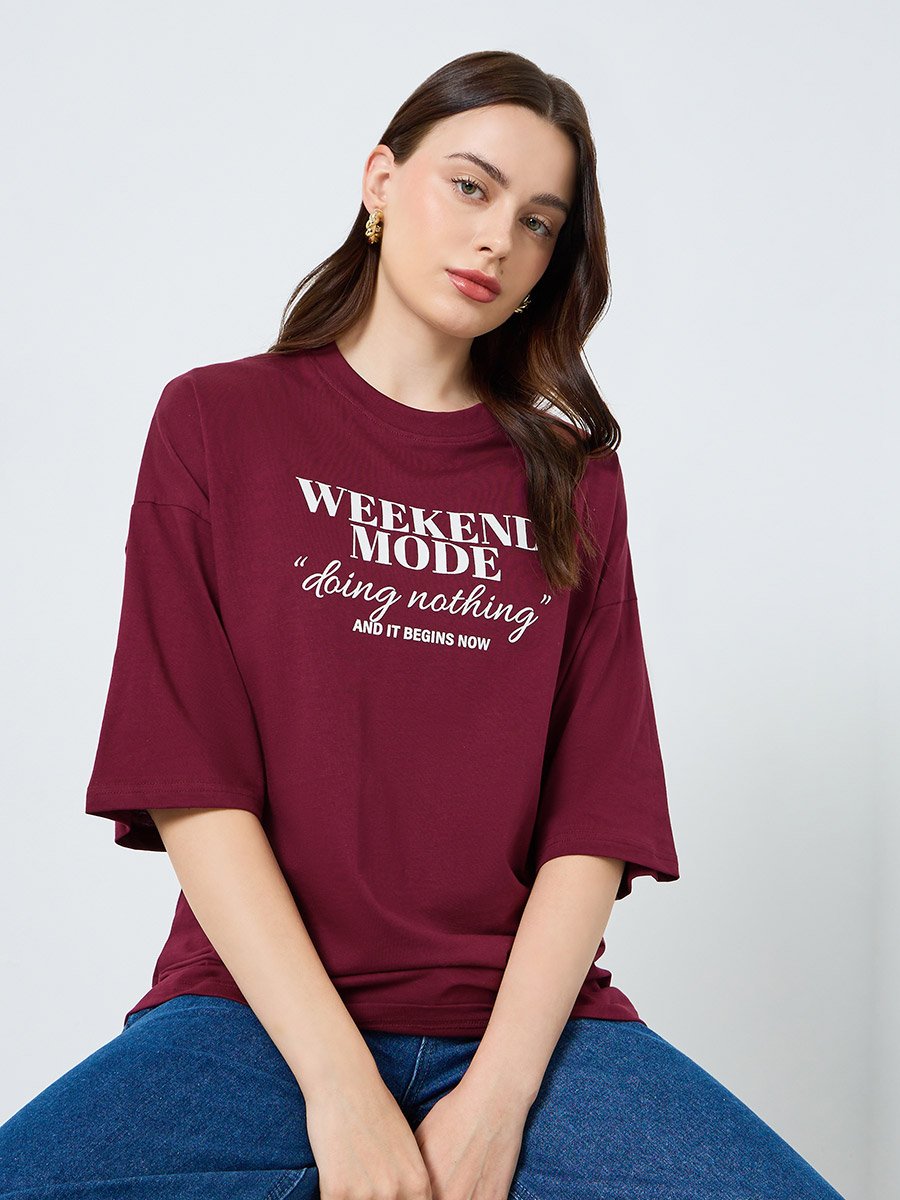 Women Burgundy Slogan Print T-Shirt