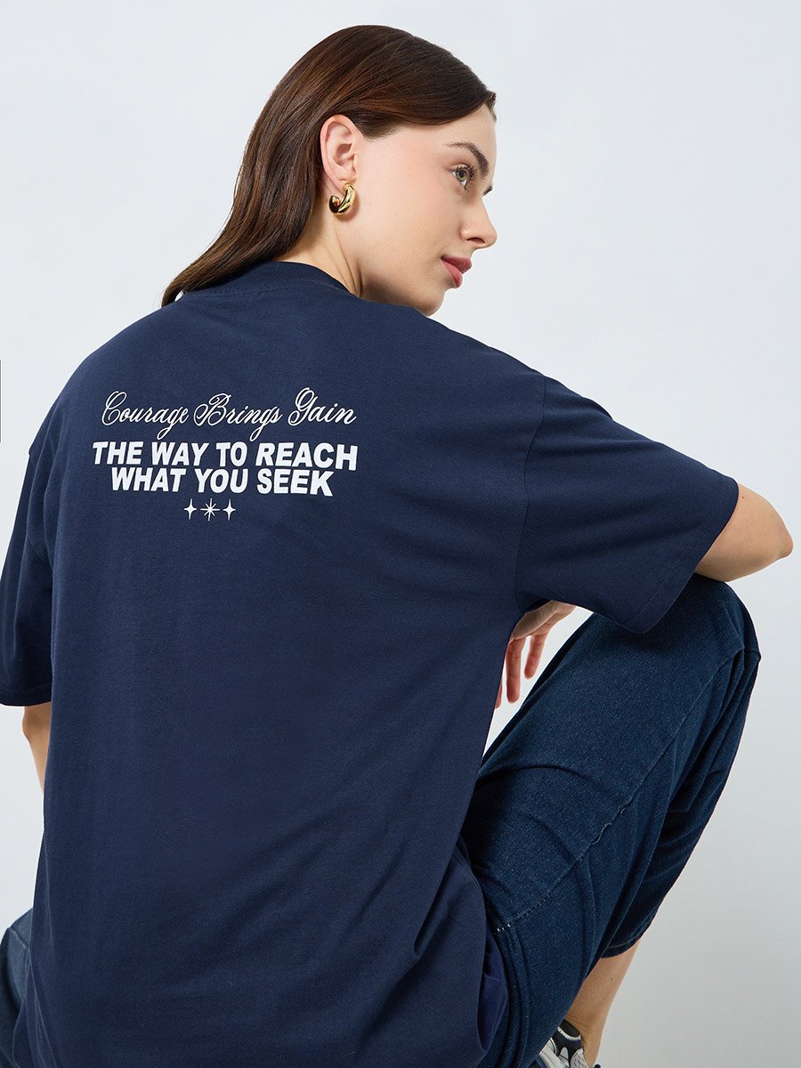 Women Navy Blue Slogan Oversized T-Shirt