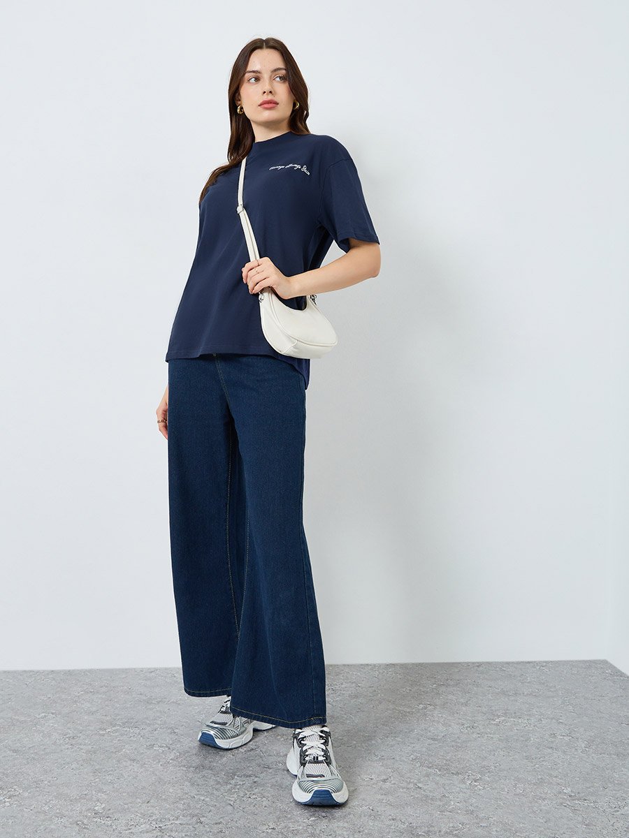 Women Navy Blue Slogan Oversized T-Shirt