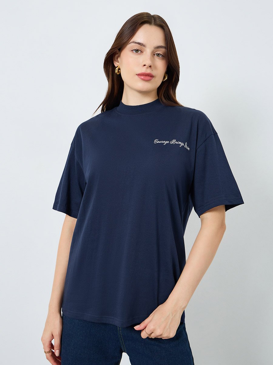 Women Navy Blue Slogan Oversized T-Shirt