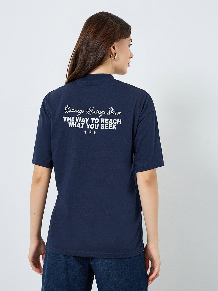 Women Navy Blue Slogan Oversized T-Shirt