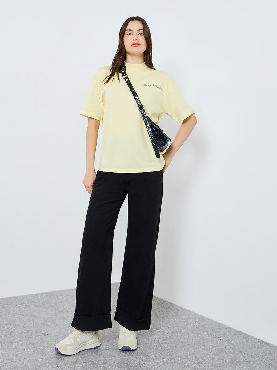 Women Yellow Slogan Print Oversized T-Shirt