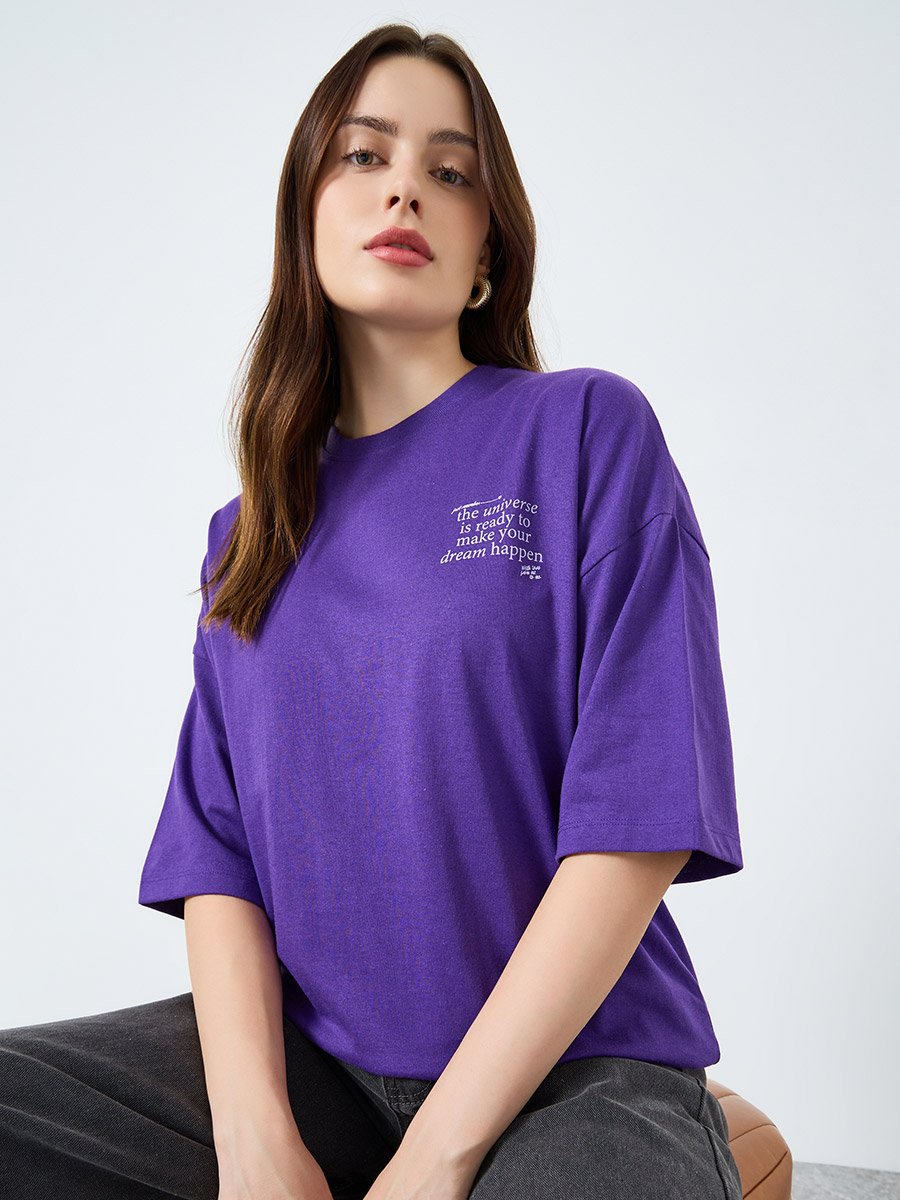 Women Purple Slogan Oversized T-Shirt