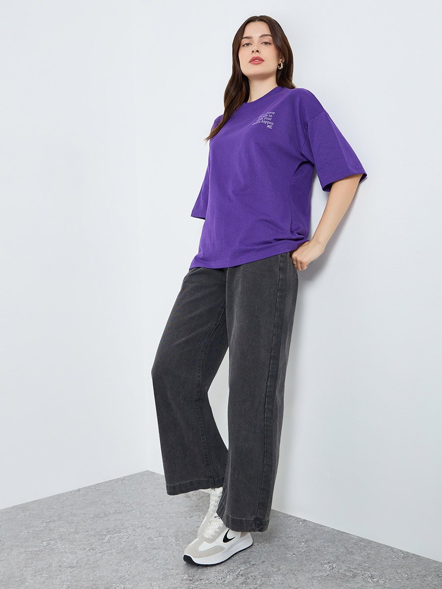 Women Purple Slogan Oversized T-Shirt
