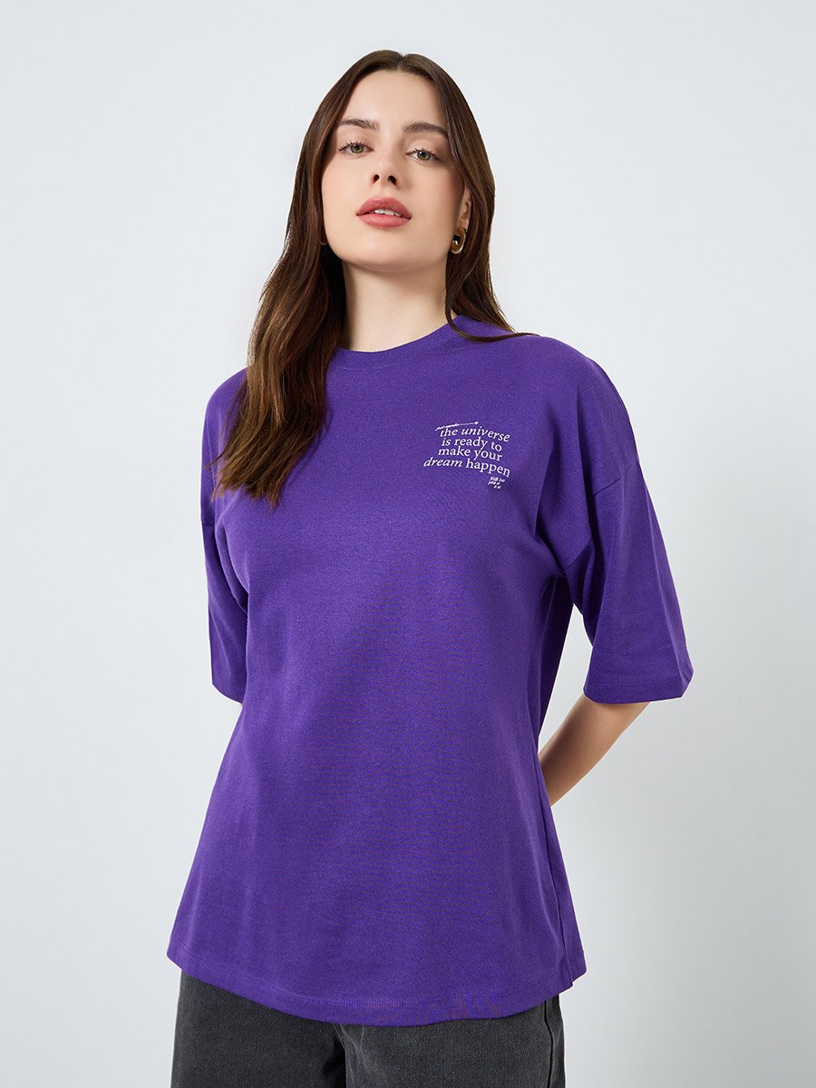 Women Purple Slogan Oversized T-Shirt