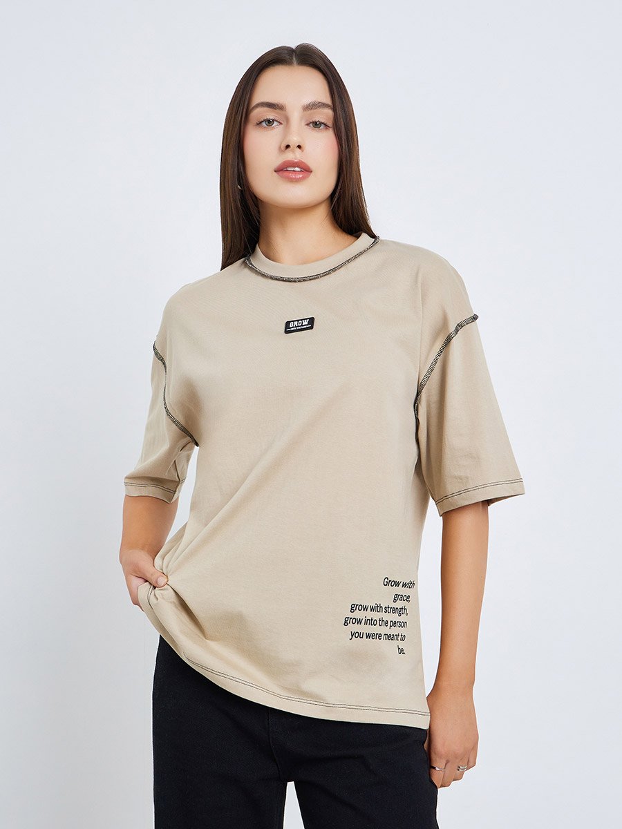 Beige Oversized Graphic T-Shirt with Contrast Stitching
