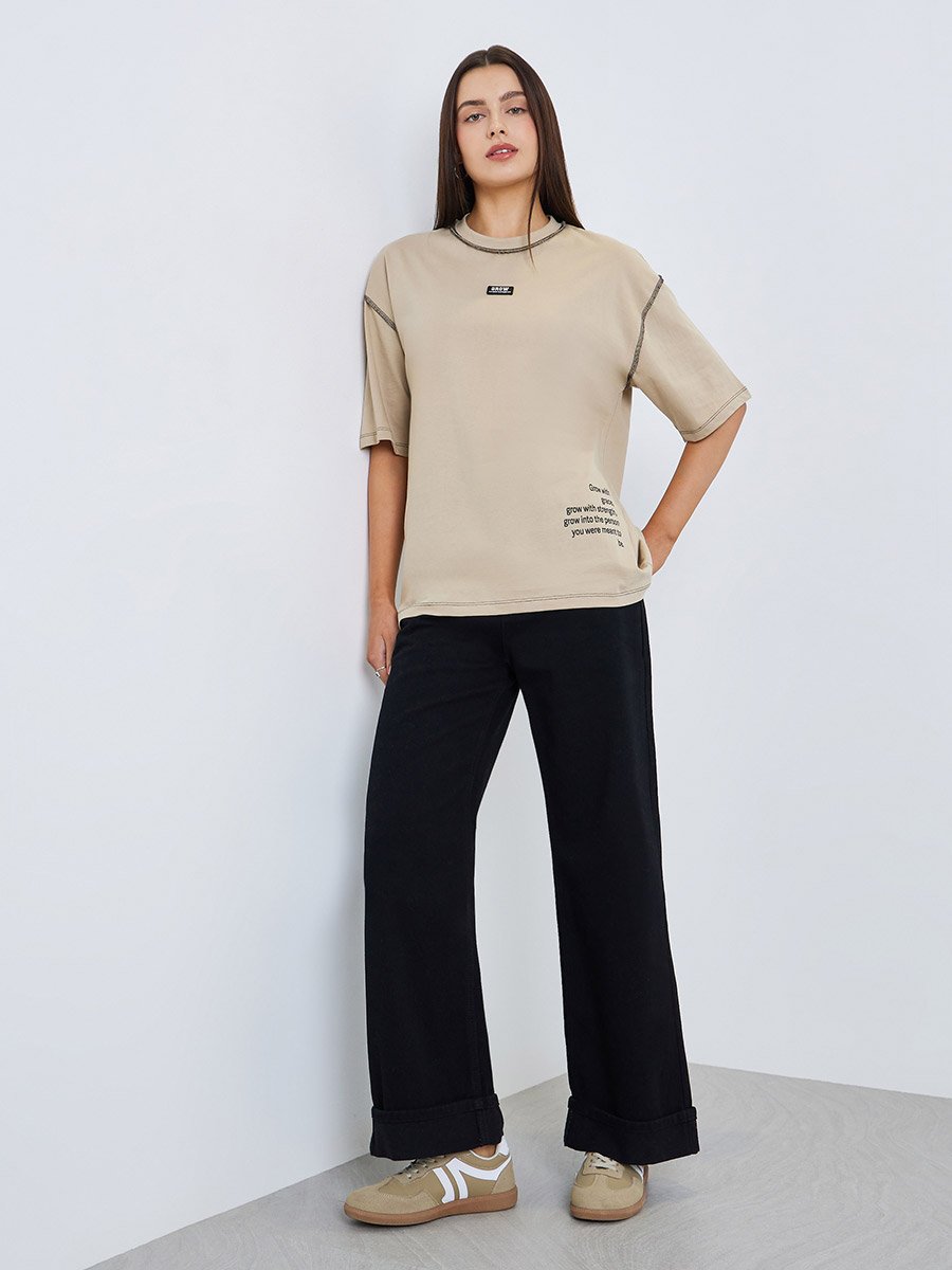 Beige Oversized Graphic T-Shirt with Contrast Stitching