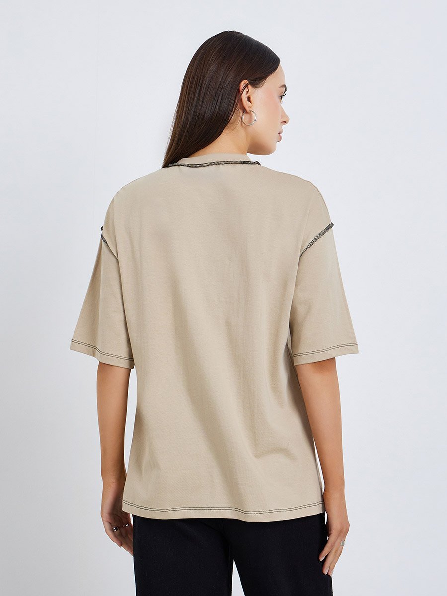 Beige Oversized Graphic T-Shirt with Contrast Stitching
