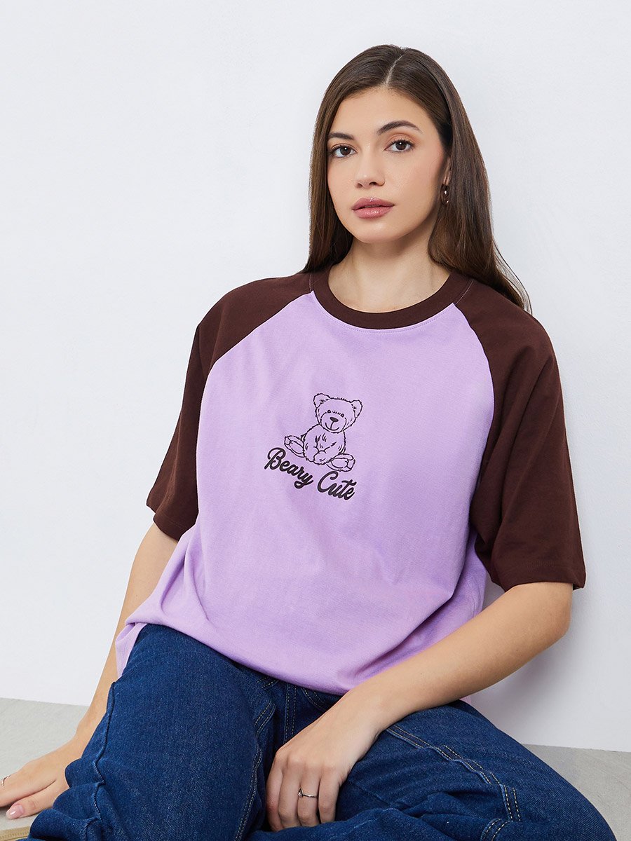 Women Lilac Bear Graphic Oversized T-Shirt