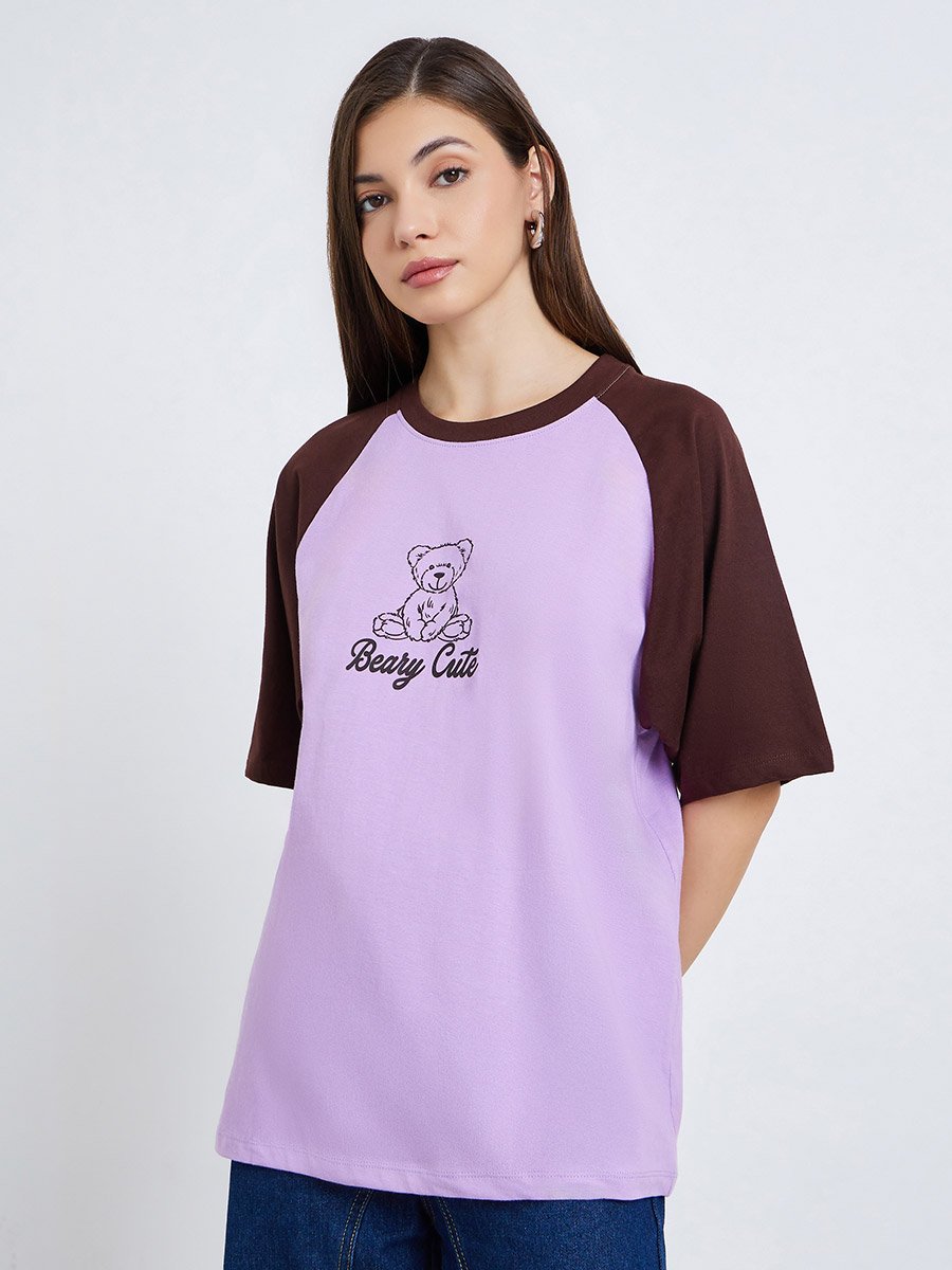 Women Lilac Bear Graphic Oversized T-Shirt