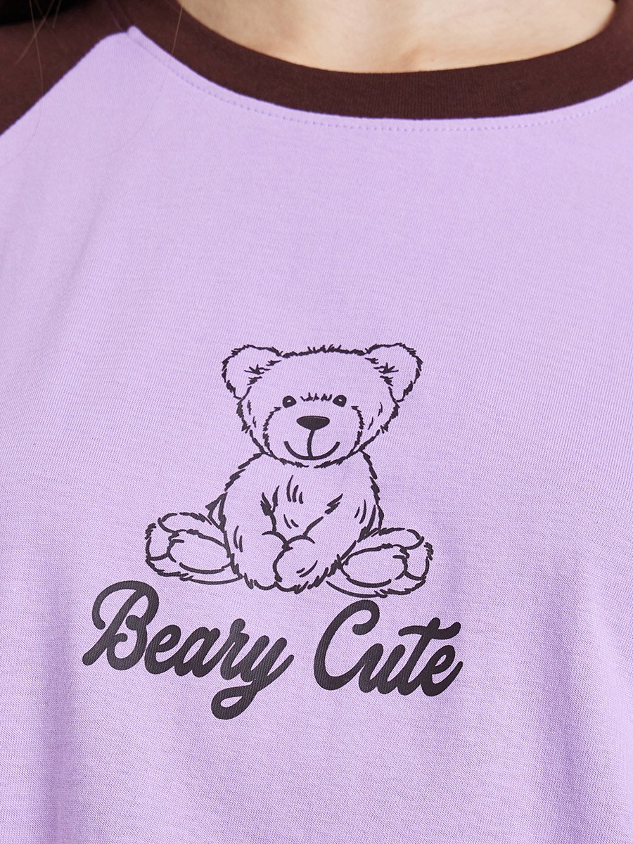 Women Lilac Bear Graphic Oversized T-Shirt