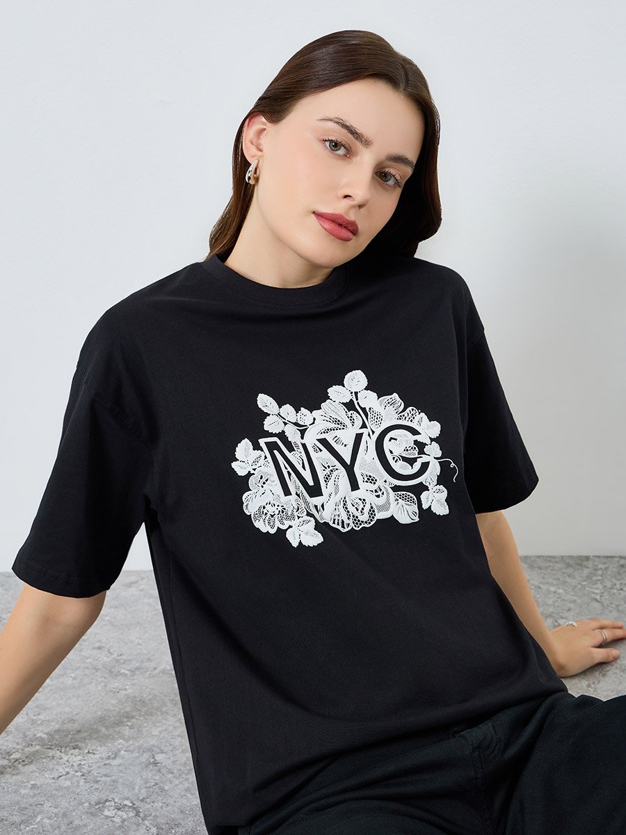 Black Oversized Puff Graphic Cotton T-Shirt