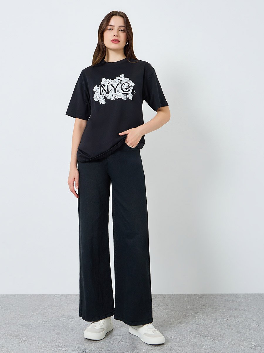 Black Oversized Puff Graphic Cotton T-Shirt