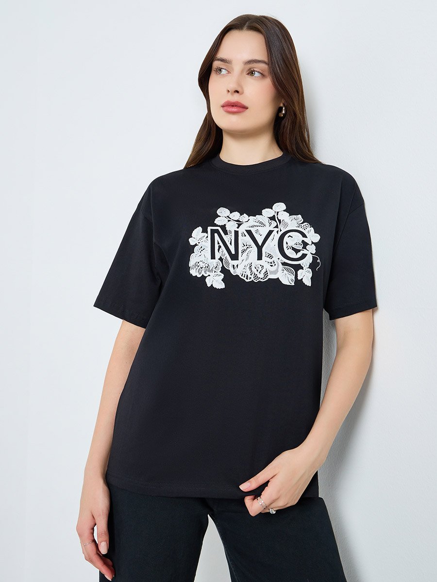 Black Oversized Puff Graphic Cotton T-Shirt