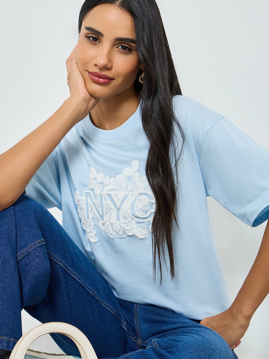 Blue Oversized Rubber Print Cotton T-Shirt