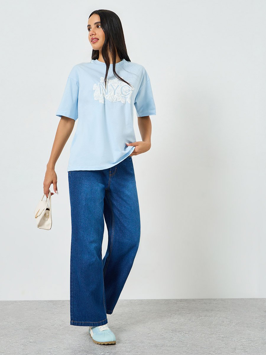 Blue Oversized Rubber Print Cotton T-Shirt