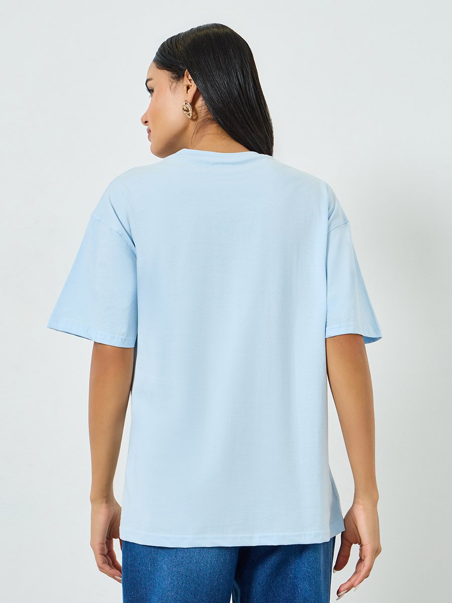 Blue Oversized Rubber Print Cotton T-Shirt