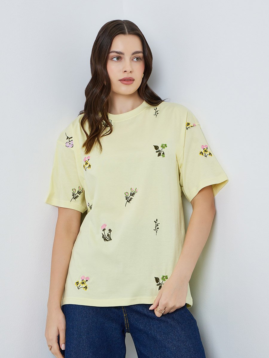 Women Yellow Embroidered Floral Oversized T-Shirt