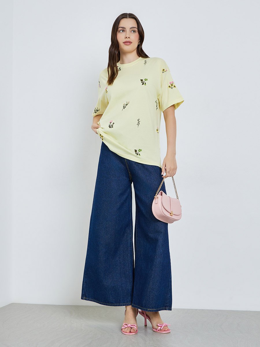 Women Yellow Embroidered Floral Oversized T-Shirt