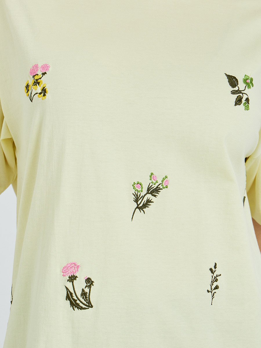 Women Yellow Embroidered Floral Oversized T-Shirt