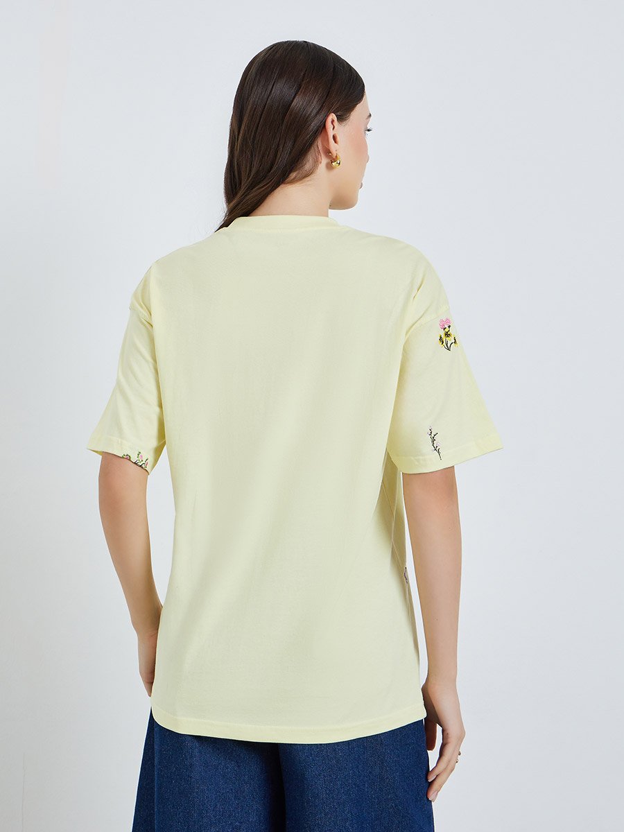 Women Yellow Embroidered Floral Oversized T-Shirt