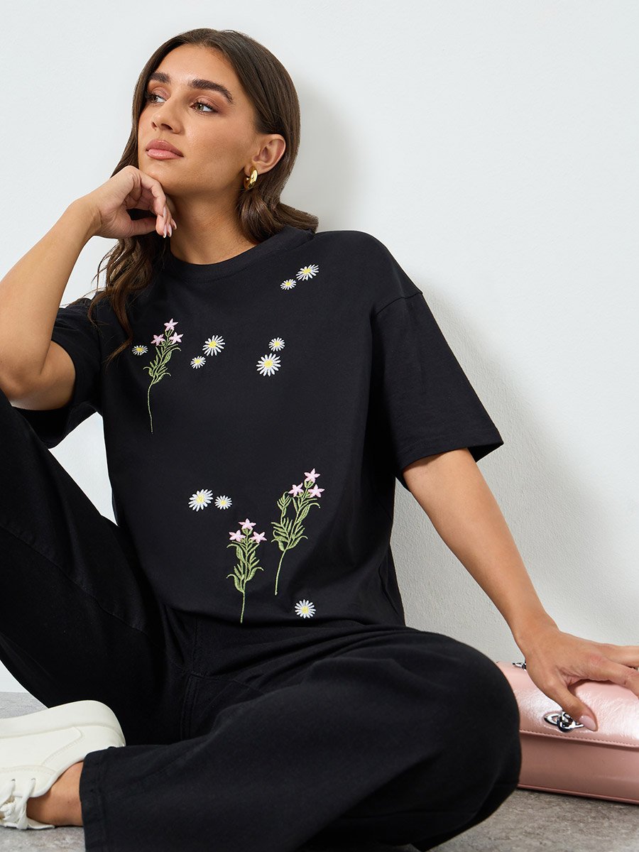 Women Black Embroidered Oversized T-Shirt
