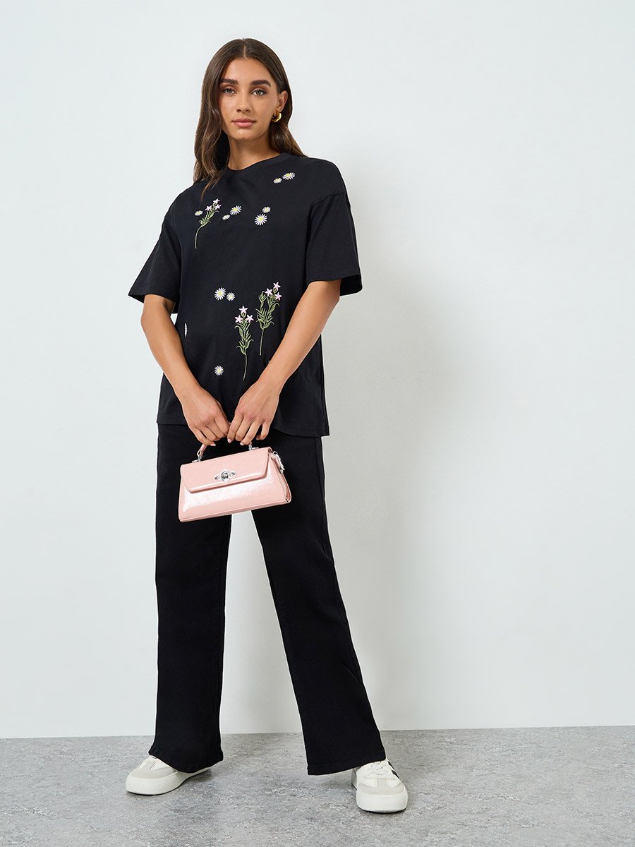 Women Black Embroidered Oversized T-Shirt