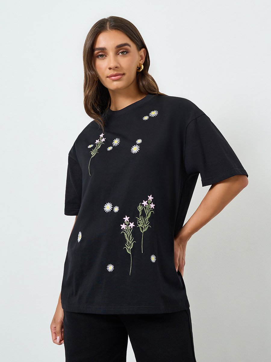 Women Black Embroidered Oversized T-Shirt