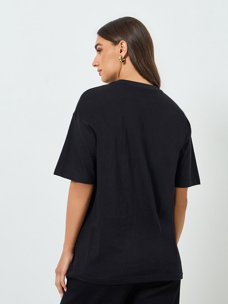 Women Black Embroidered Oversized T-Shirt