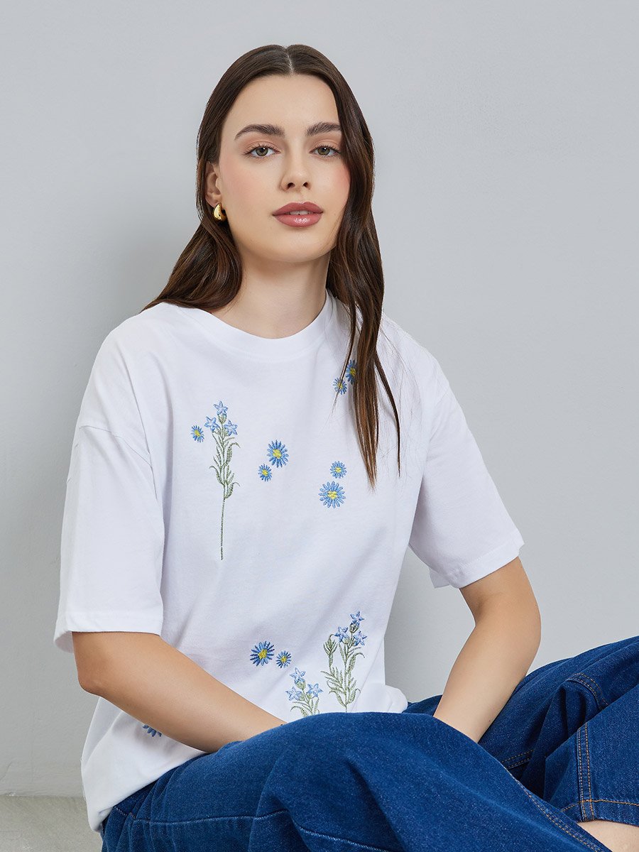 Women White Embroidered Floral Oversized T-Shirt
