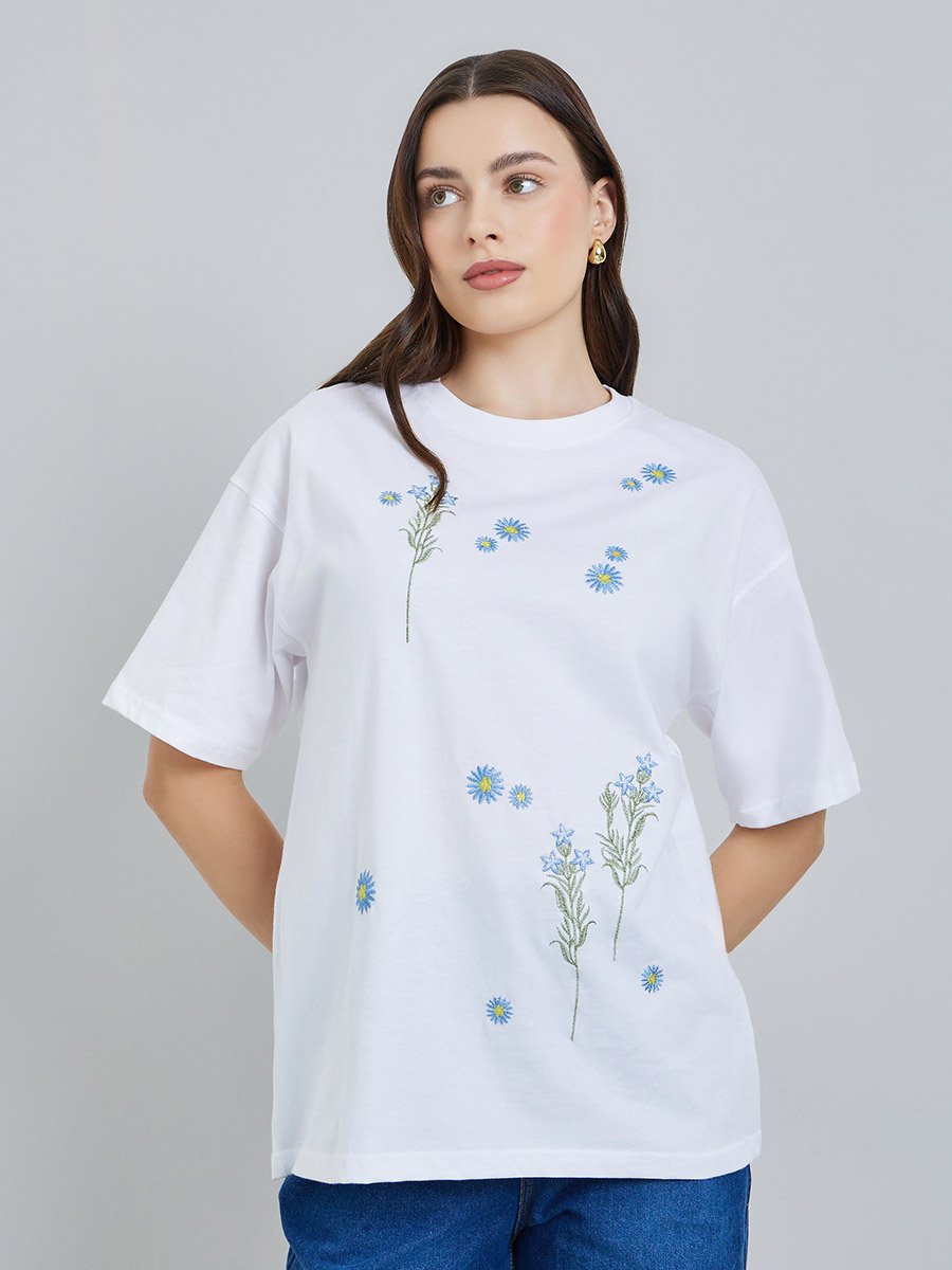 Women White Embroidered Floral Oversized T-Shirt