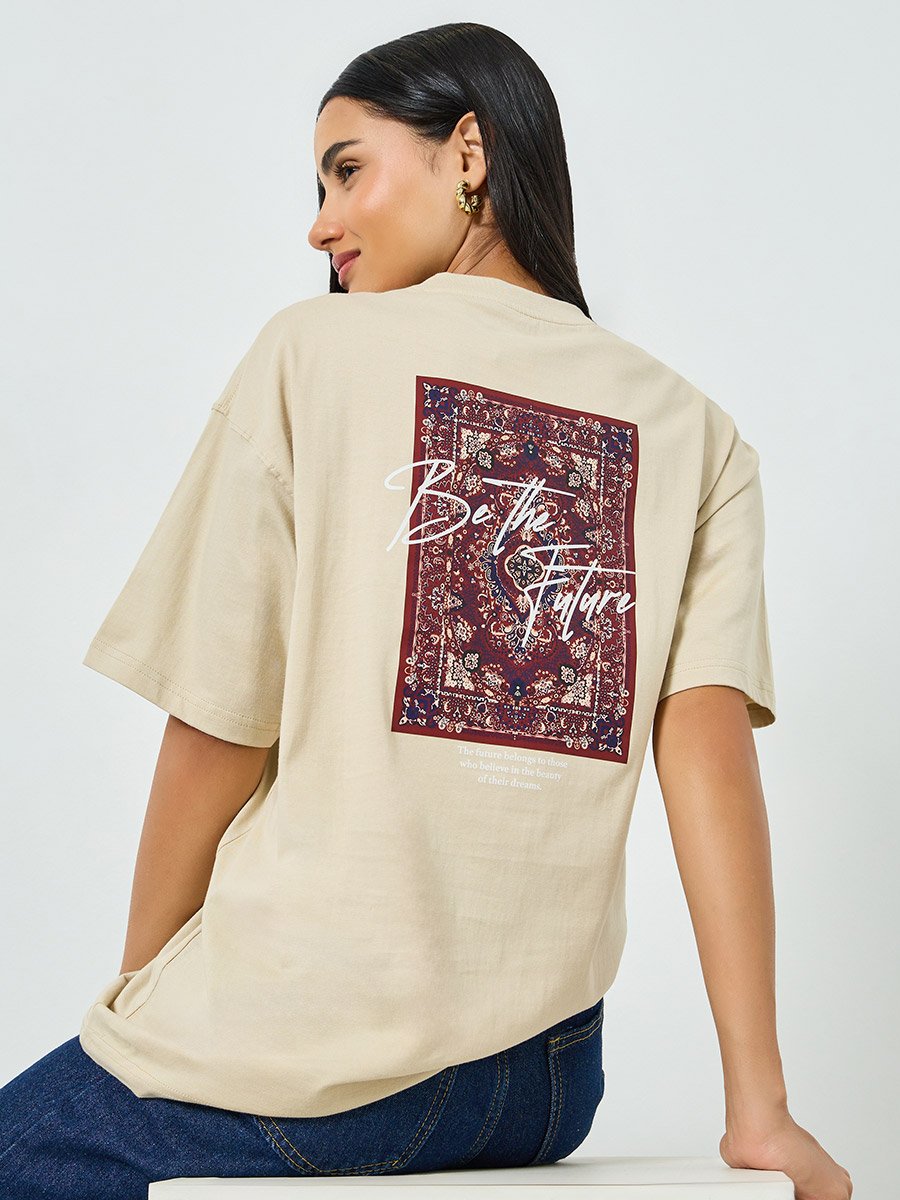 Beige Oversized Graphic Print Cotton T-Shirt